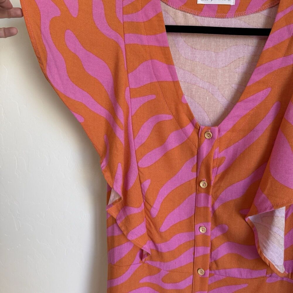 Hot Pink & Orange Zebra Animal Print Linen Blend Romper Artsy Resort Wear Medium - Picture 5 of 9